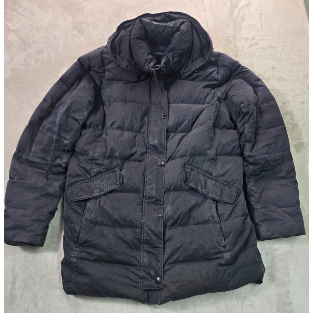 Lands' End Women's L Quilted Hooded Winter Coat Black Zip Snap Warm Jacket